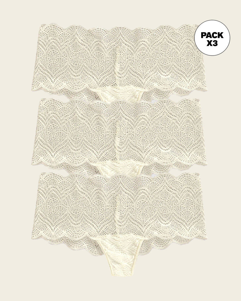 Paquete x 3 braguita en encaje con transparencias y bordes redondeados