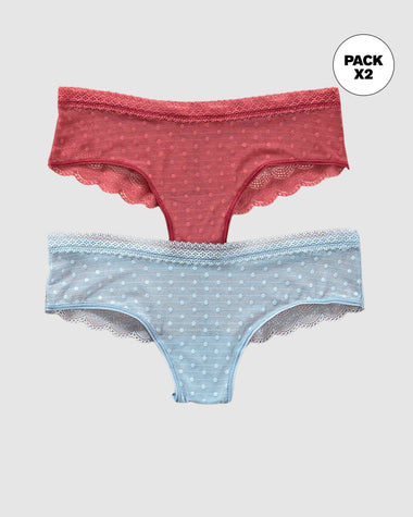 Paquete de 2 braguitas tipo culotte en encaje y blonda#color_s49-rojo-azul-claro